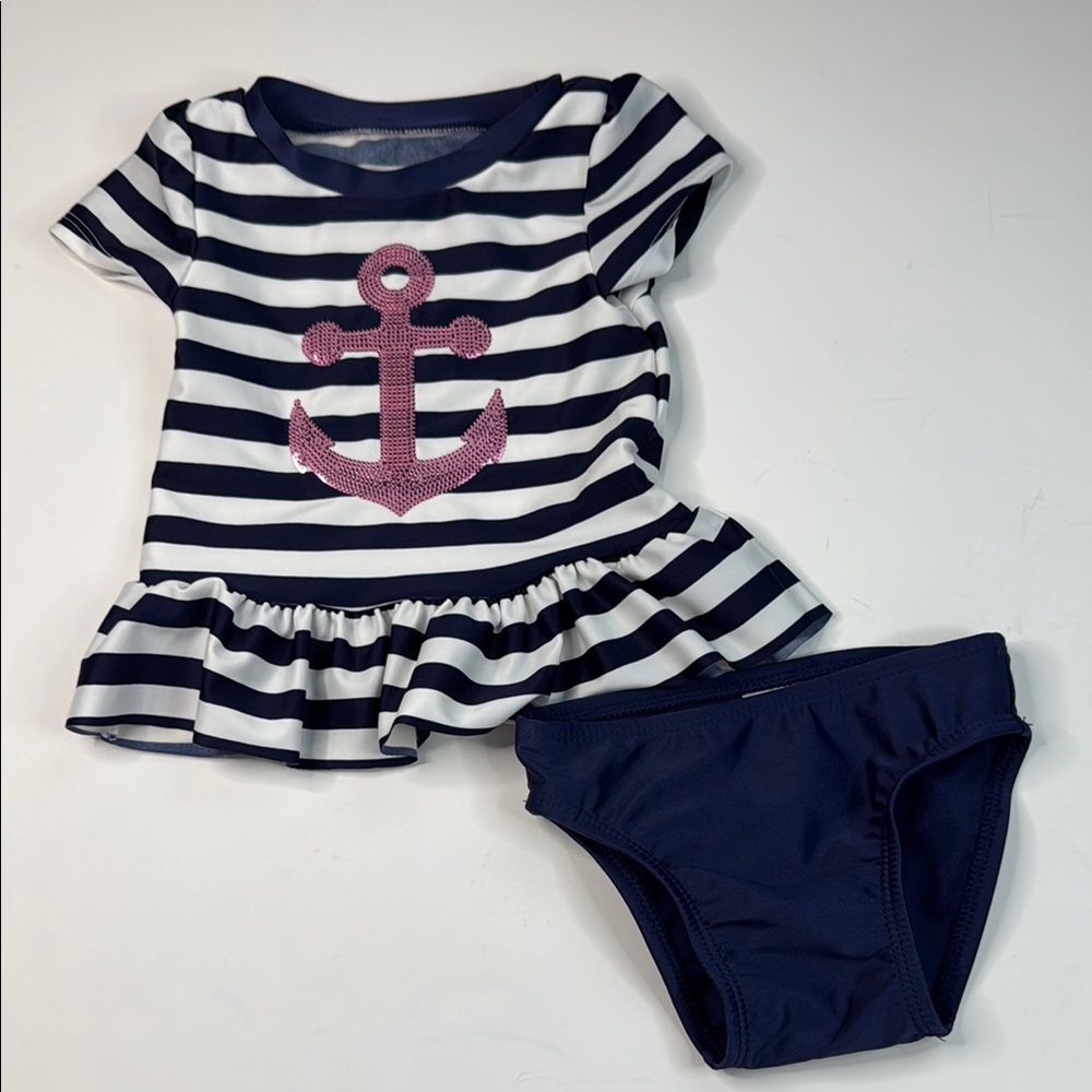 Cat &‎ Jack Baby Girls Navy and White Striped Nautical Swimsuit Size 12 Months